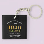 70th Birthday 1956 Black Gold For Her Personalized Key Ring<br><div class="desc">70th birthday born 1956 keychain. A personalized classic design for that birthday celebration for a special woman. Add the name to this vintage retro style , white and gold design for a custom birthday gift. Easily edit the name and year with the template provided. A wonderful custom birthday gift. More...</div>