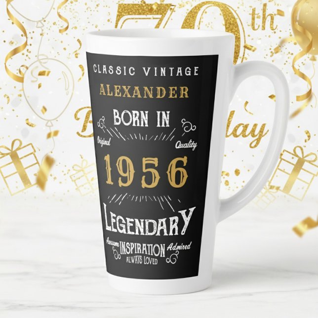 70th Birthday 1956 Legendary Retro Latte Mug (1956 latte mug on a white and gold background)