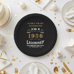 70th Birthday 1956 Legendary Retro Paper Plate<br><div class="desc">For those born in 1956 and celebrating their 70th birthday we have the ideal birthday paper plates. The black background with a white and gold vintage typography design design is simple and yet elegant with a retro feel. Easily customize the text of this birthday gift using the template provided. More...</div>