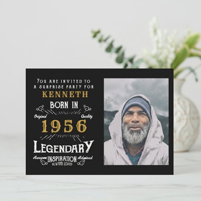 70th Birthday 1956 Vintage Black Gold Personalized Invitation (1956 birthday invitation. Blurred white background.)