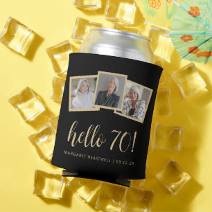 70th Birthday 3-Photo Black Gold Script Cheers Can Cooler