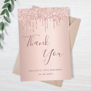 70th birthday 70 rose gold glitter drips glamourou thank you card