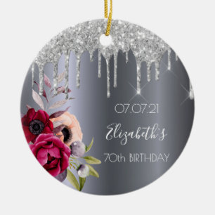 70th birthday 70 silver glitter drips burgundy ceramic tree decoration