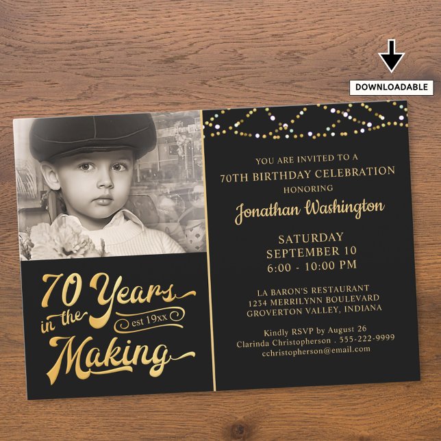 70th Birthday 70 YEARS IN THE MAKING Black Gold Invitation (Creator Uploaded)