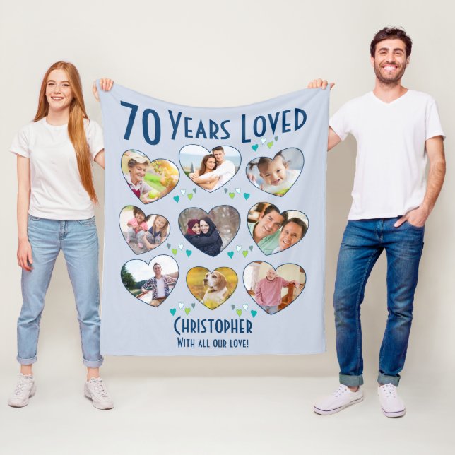 70th Birthday 70 Years Loved Heart Photo Collage Fleece Blanket (In Situ)