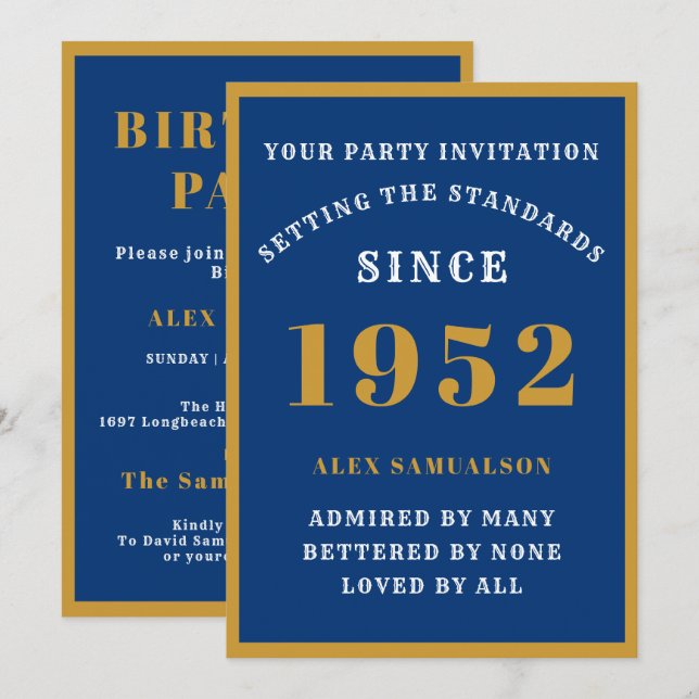 70th Birthday Add Name 1952 Elegant Chic Blue Gold Invitation (Front/Back)