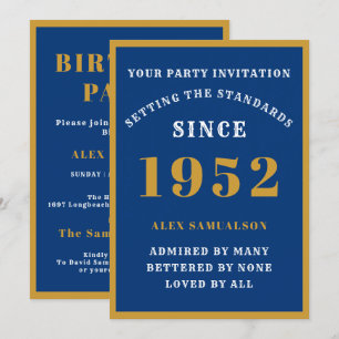70th Birthday Add Name 1952 Elegant Chic Blue Gold Invitation