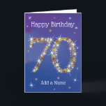 70th Birthday - Age 70 in Star Numbers - Blue Card<br><div class="desc">70th Birthday Card. 70 in Stars - Age Number - Seventieth Birthday Card - Blue Background - Customisable Text. Dark Blue card with stars number design - the number "70" created with yellow, red and white stars. Customisable text: on front of card: Happy Birthday and Add Your Name. Customisable text:...</div>