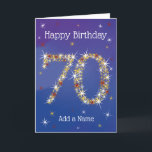 70th Birthday - Age 70 in Star Numbers - Blue Card<br><div class="desc">70th Birthday Card. 70 in Stars - Age Number - Seventieth Birthday Card - Blue Background - Customisable Text. Dark Blue card with stars number design - the number "70" created with yellow, red and white stars. Customisable text: on front of card: Happy Birthday and Add Your Name. Customisable text:...</div>