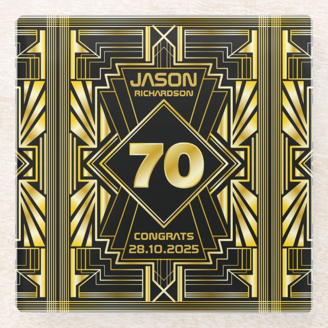 70th Birthday Art Deco Gold Black Great Gatsby Glass Coaster (Front)