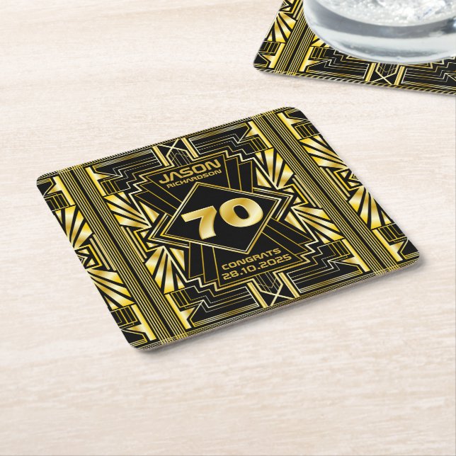 70th Birthday Art Deco Gold Black Great Gatsby Square Paper Coaster (Angled)