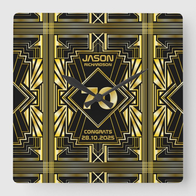 70th Birthday Art Deco Gold Black Great Gatsby Square Wall Clock (Front)