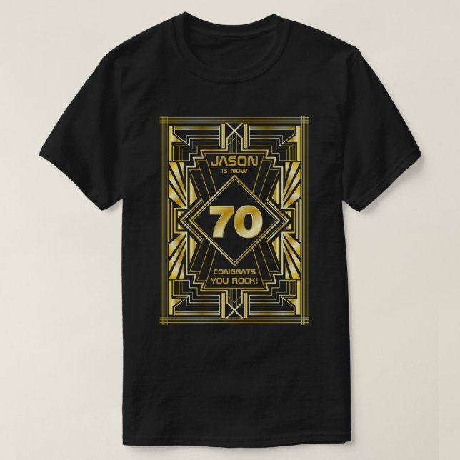 70th Birthday Art Deco Gold Black Great Gatsby T-Shirt (Design Front)