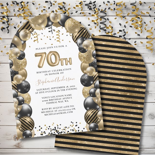 70th Birthday Balloon Gold Black Sparkle Invitation (70th Birthday Balloon Gold Black Sparkle Invitation)