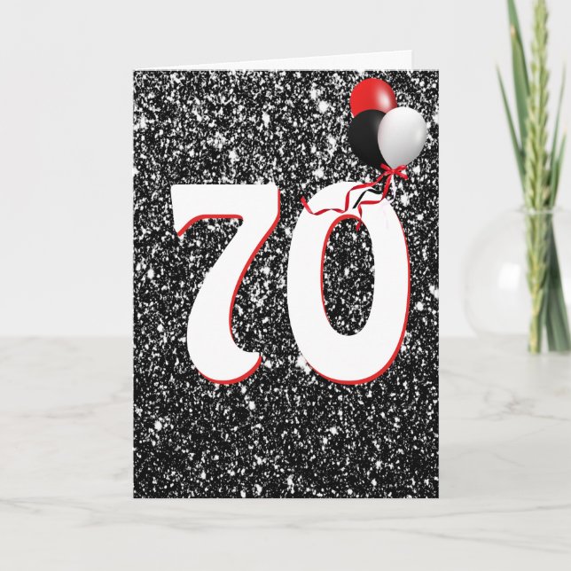 70th Birthday Balloons on Black Glitter  Card (Front)