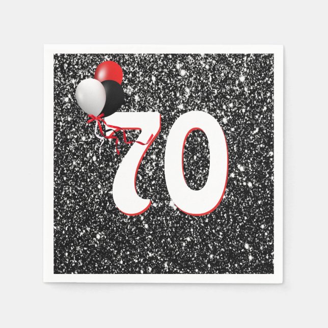70th Birthday Balloons on Black Glitter Napkins (Front)