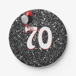70th Birthday Balloons on Black Glitter Paper Plate