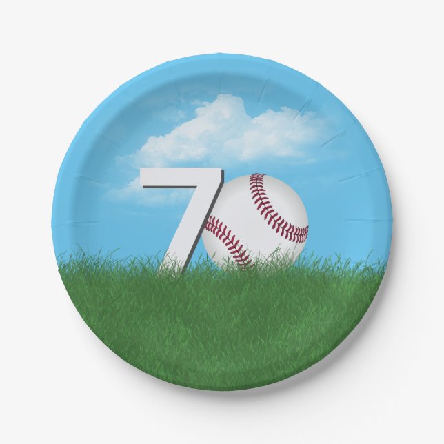 70th Birthday Baseball In Green Grass Paper Plate (Front)