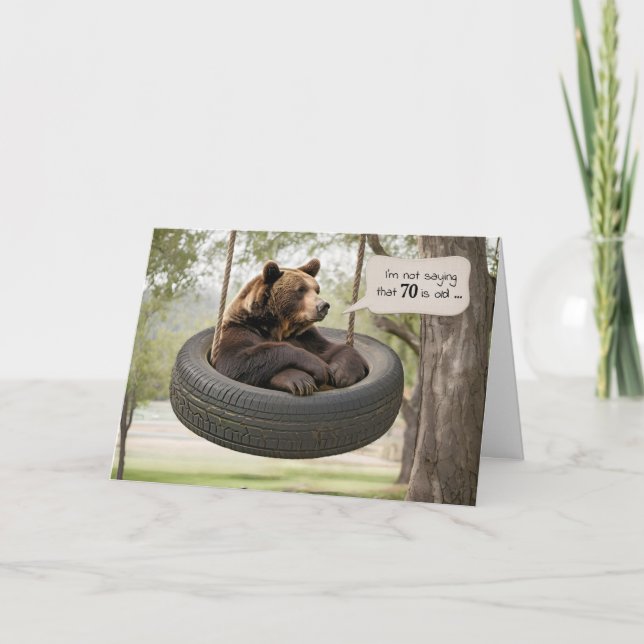 70th Birthday Bear Sitting In a Tire Swing Card (Front)