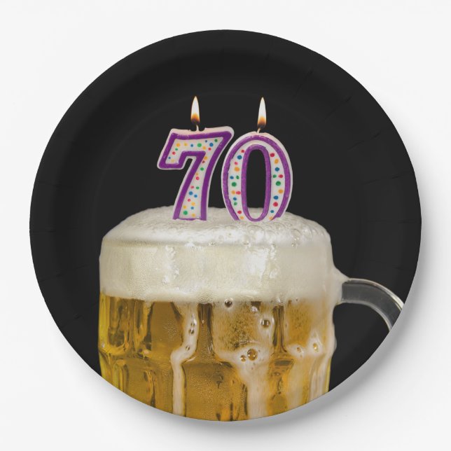 70th Birthday Beer on black Paper Plate (Front)