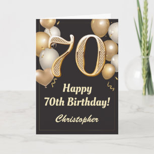 70th Birthday Black and Gold Balloons Confetti Card