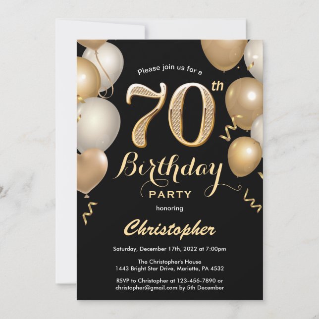 70th Birthday Black and Gold Balloons Confetti Invitation (Front)