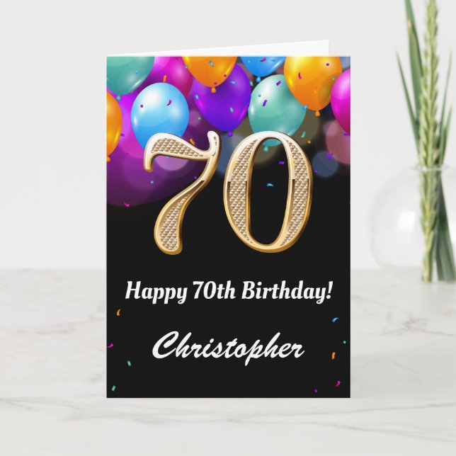 70th Birthday Black and Gold Colourful Balloons Card (Front)