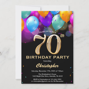 70th Birthday Black and Gold Colourful Balloons Invitation