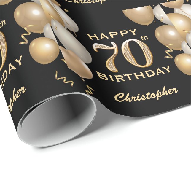 70th Birthday Black and Gold Glitter Balloons Wrapping Paper (Roll Corner)