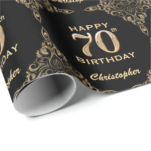70th Birthday Black and Gold Glitter Frame Wrapping Paper
