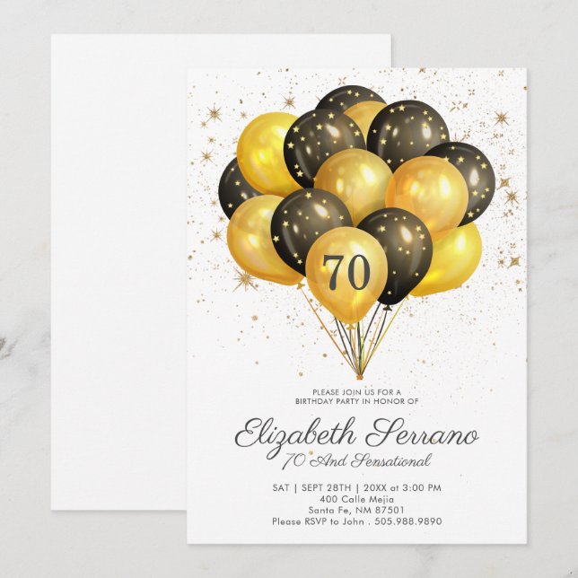 70th Birthday Black And Gold Glitter Invitation (Front/Back)