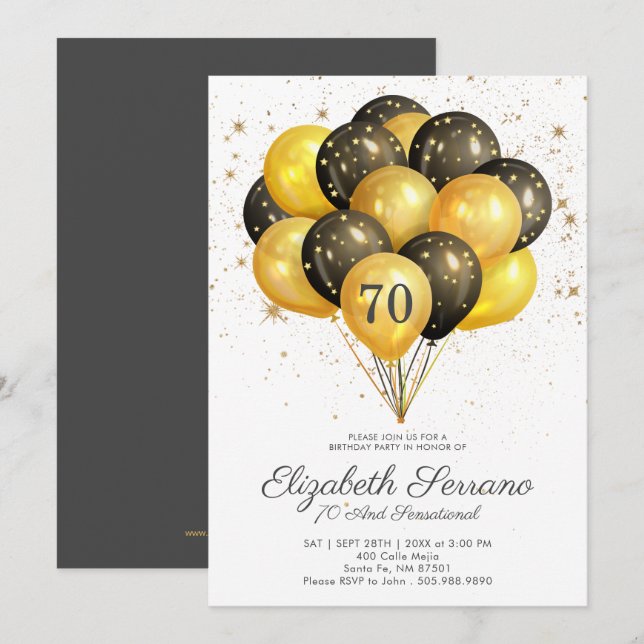 70th Birthday Black And Gold Glitter Invitation (Front/Back)