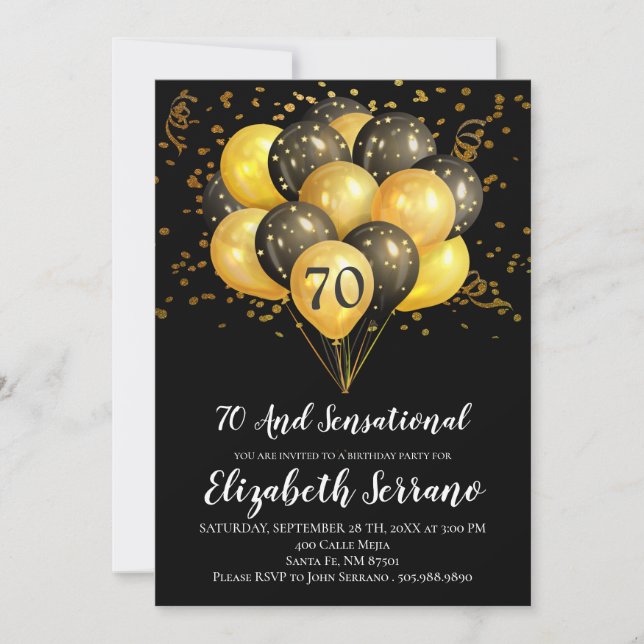 70th Birthday Black And Gold Invitation (Front)
