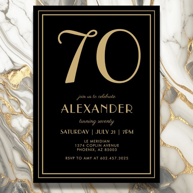 70th Birthday Black and Gold Modern Minimal Adult Invitation (Elegant black and gold 70th birthday invitation design for him or her.)