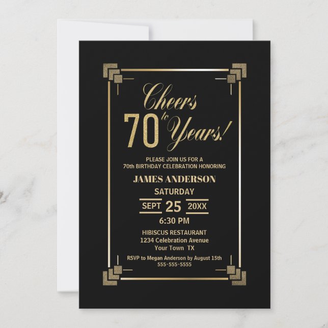 70th Birthday Black and Gold Party Invitation (Front)