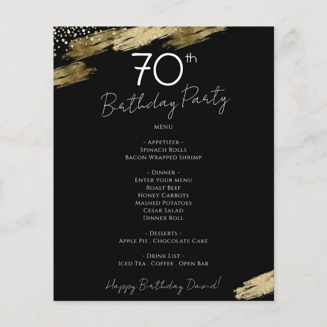 70th Birthday Black and Gold Party Menu Flyer (Front)