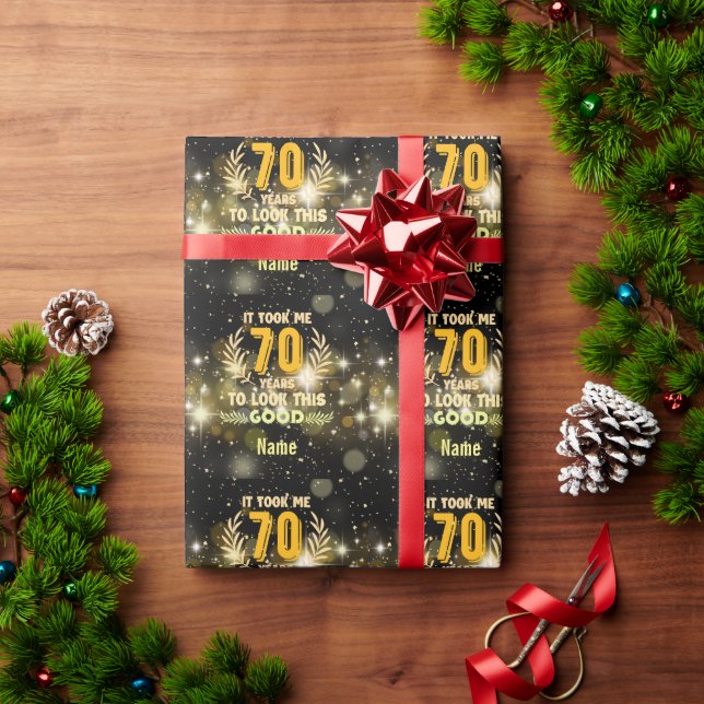 70th Birthday Black and Gold theme  70 years old  Wrapping Paper (Holiday Gift)