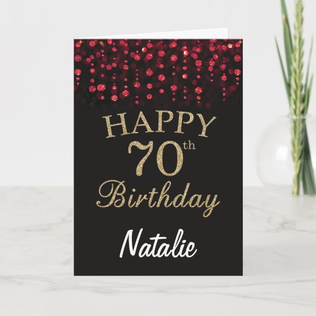 70th Birthday Black and Red Gold Glitter Card (Front)