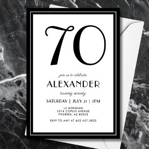 70th Birthday Black and White Modern Minimalist  Invitation