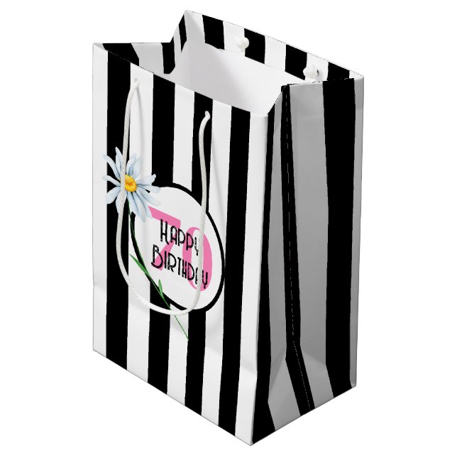 70th Birthday Black And White Stripes Medium Gift Bag (Front Angled)