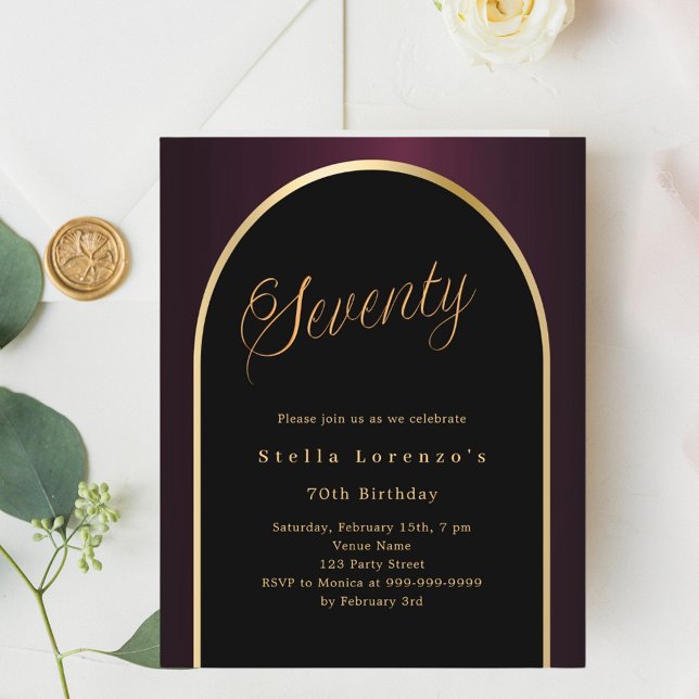 70th birthday black burgundy gold arch invitation (Creator Uploaded)