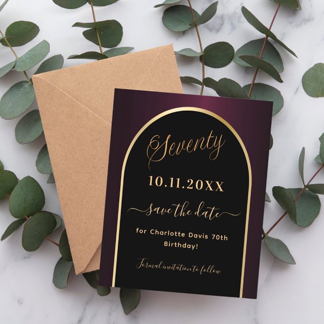 70th birthday black burgundy save the date card (Creator Uploaded)