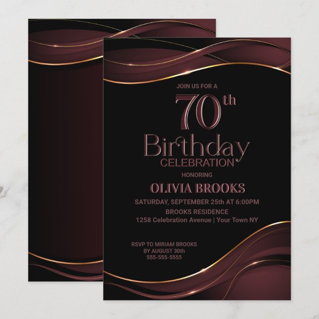 70th Birthday Black Dusty Pink Party Invitation (Front/Back)