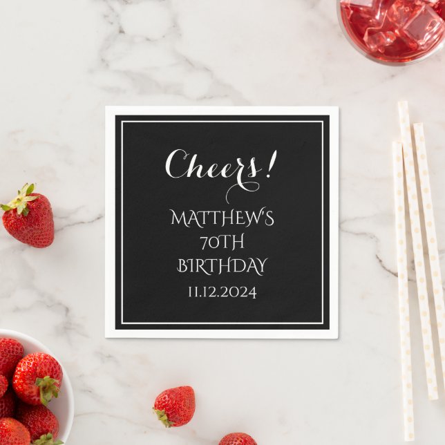70th Birthday Black Elegant Script Modern Cheers Napkin (Insitu)