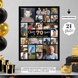70th Birthday Black Gold 21 Photo Cheers to Years Poster