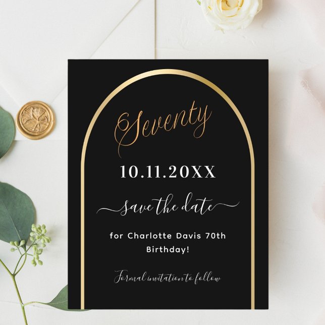 70th birthday black gold arch budget save the date flyer (Creator Uploaded)