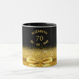 70th birthday black gold bow name mug