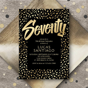 70th Birthday Black Gold Confetti Invitation