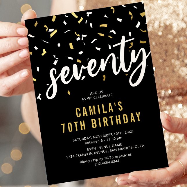 70th Birthday Black Gold Confetti Invitation (Creator Uploaded)