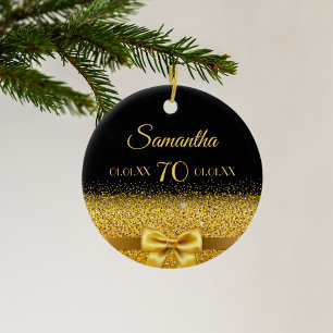 70th birthday black gold elegant bow name ceramic tree decoration